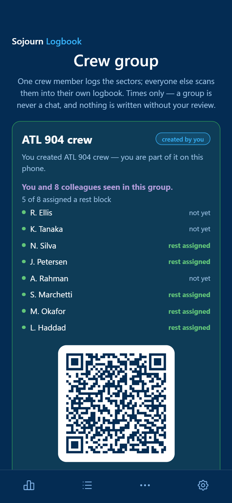 The crew group as its creator sees it: ATL 904 crew, you and eight colleagues seen in this group, five of eight assigned a rest block, each name marked rest assigned or not yet, and the join QR below.