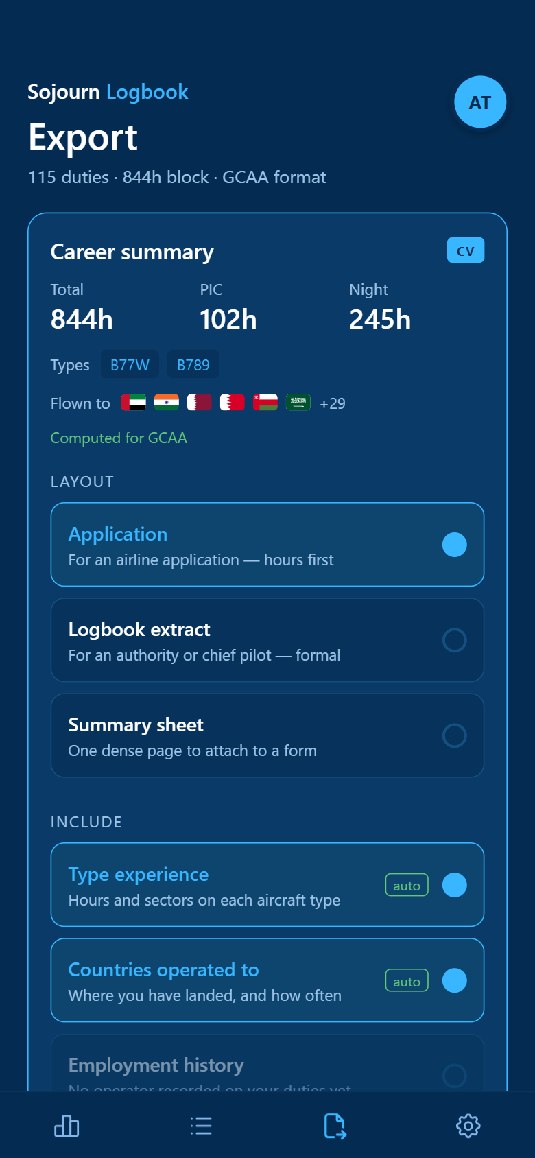 Actual app export screen: career summary of 844 hours with 102 PIC and 245 night, two aircraft types, country flags with a plus-29 counter, and layout choices for an application, a logbook extract or a summary sheet.