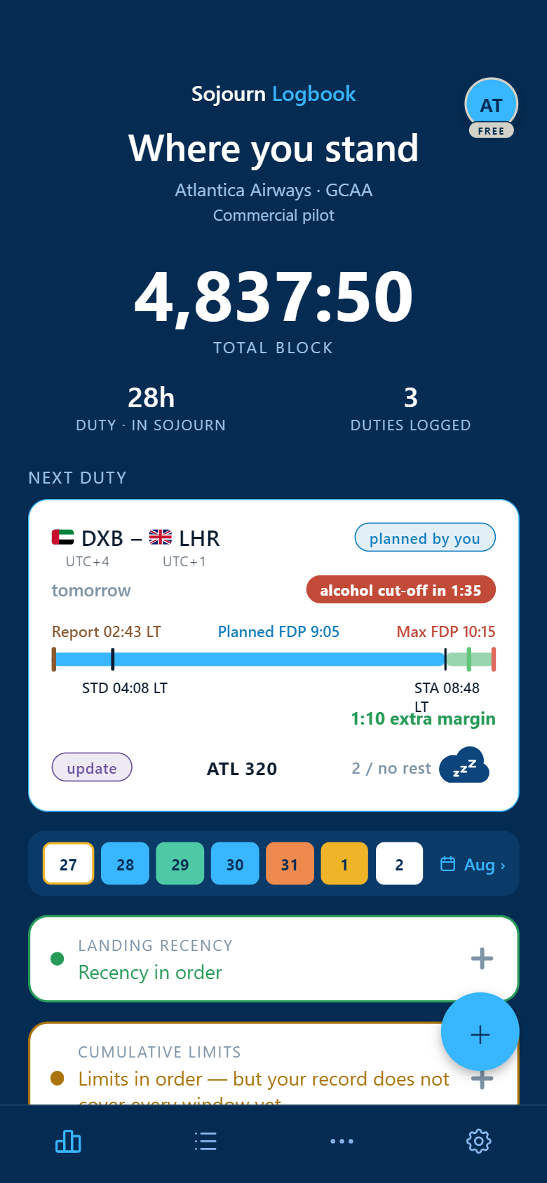 Actual app dashboard for a fictional pilot at Atlantica Airways under GCAA: next duty ATL 320 Dubai to London, an alcohol cut-off counting down in one hour thirty-five, report 02:43 local against a scheduled departure of 04:08, planned flight duty period 9 hours 5 against a maximum of 10 hours 15 with one hour ten in hand, a week of duties each in its own colour, and landing recency in order.