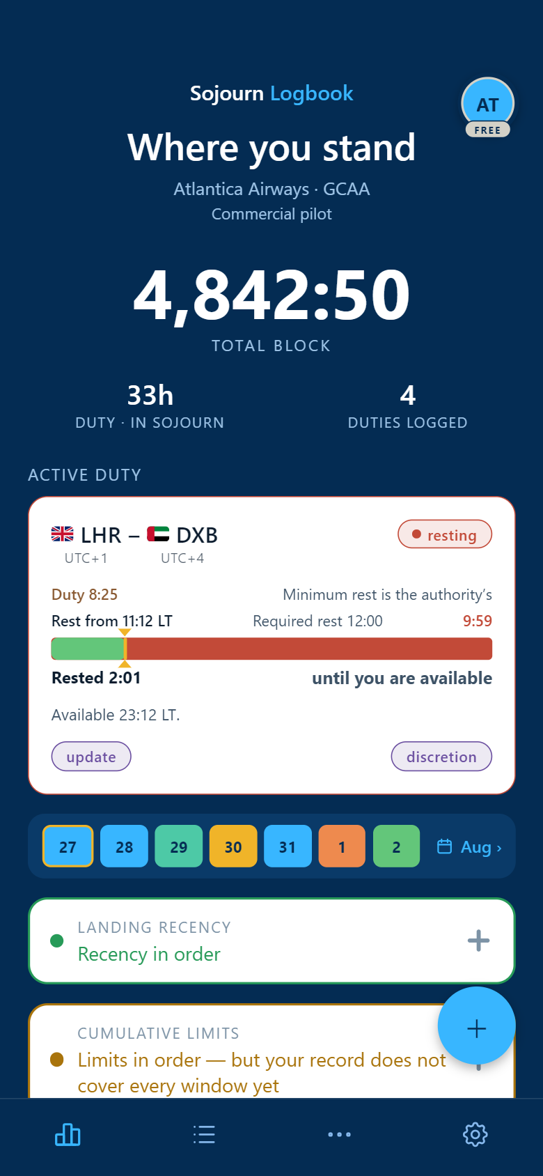 The dashboard after a duty: London to Dubai marked resting, rest from 11:12 local against a required twelve hours, two hours one minute rested and nine hours fifty-nine until available, with the minimum noted as the authority’s.